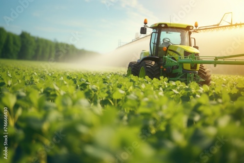 A tractor spraying pesticide on a vast field. Suitable for agriculture concepts