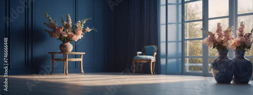 Soft blur. Contemporary indigo studio for displaying products. Vacant room with window shadows and floral motifs. D room with text room
