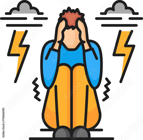 Human phobia icon of astraphobia or fear of thunder lightning, vector color line. Mental health, psychology problems and mind disorder, astraphobia icon or anxiety and panic reaction to phobia