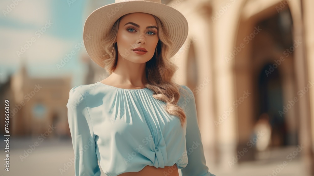 A woman wearing a blue top and white hat. Suitable for fashion or summer themed projects A woman wearing a blue top and white hat. Suitable for fashion or summer themed projects