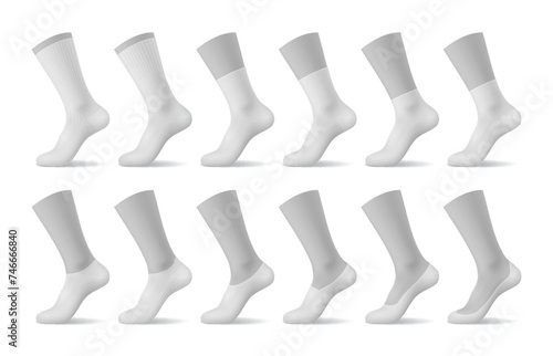Realistic woman socks isolated 3d vector mockup set. White blank wear templates, classic fabric accessories. Modern everyday wear, long, middle and short cotton foot clothes, casual and sports types