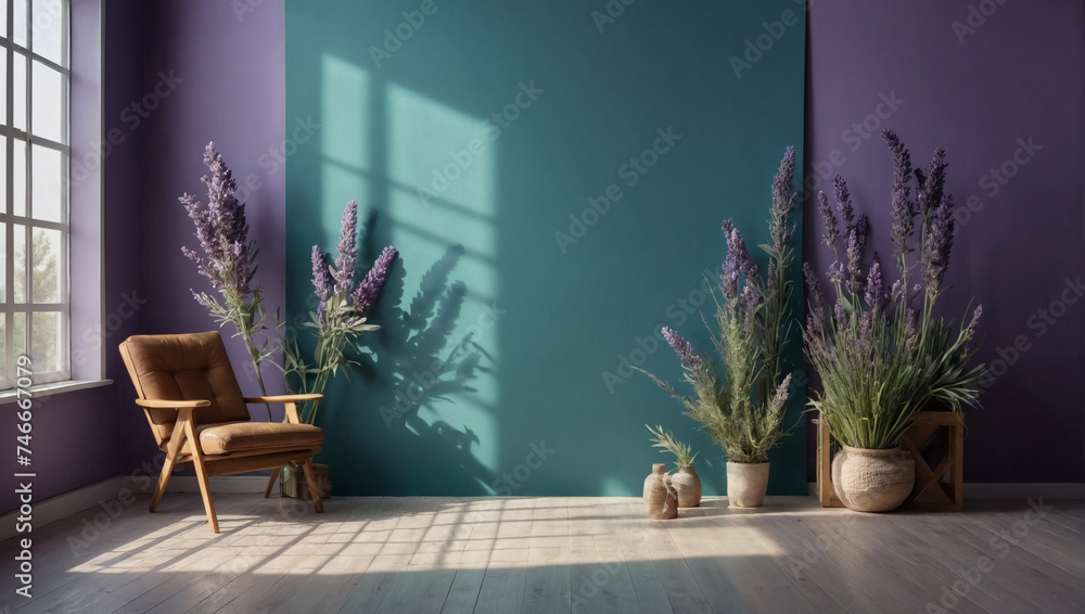 Softened teal backdrop. Trendy lavender studio for showcasing products. Window shadows and botanical touches in an empty room.  - obrazy, fototapety, plakaty 