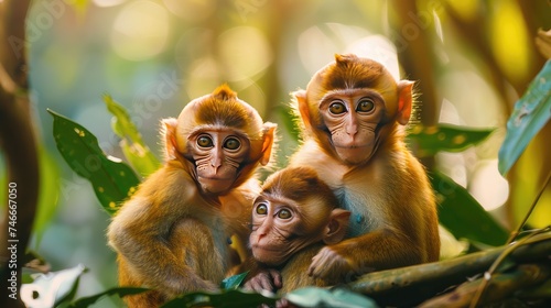 Witness the charm of a red-faced macaque monkey family with playful children, exploring their tropical habitat