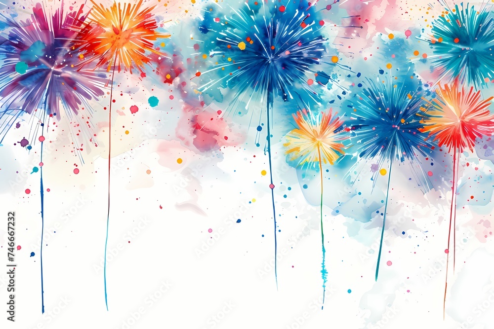 A magical composition capturing the brilliance of fireworks against a white canvas, adding a touch of enchantment and wonder to a joyous birthday occasion. - obrazy, fototapety, plakaty 