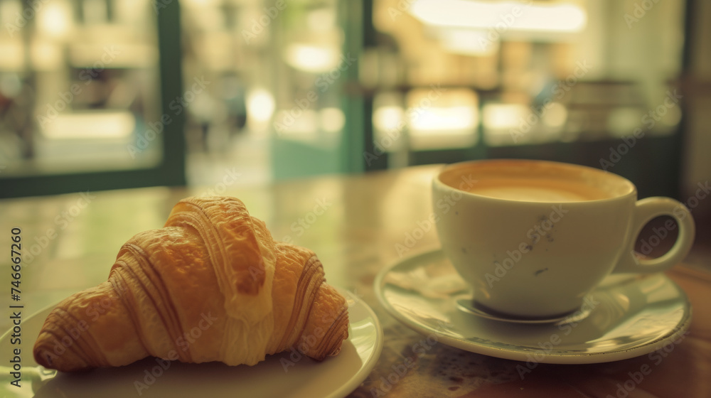 A Cup of Coffee and a Croissant on a Table A Cup of Coffee and a Croissant on a Table