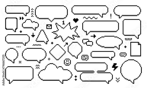 8bit pixel speech bubbles and message dialog boxes, vector icons for computer game. Chat speech bubbles in 8 bit pixel art, message clouds, love heart and mail envelope with arrow icons in pixel line photo