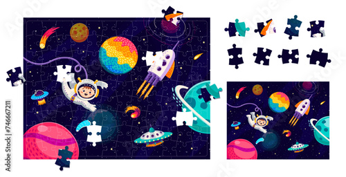 Space jigsaw puzzle game pieces with starry galaxy, kid astronaut, UFO and space rocket. Form connect puzzle riddle, figure search vector quiz worksheet with boy in spacesuit, spaceship in outerspace