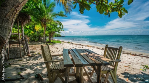 wooden cafe table and chairs on a tropical beach, overlooking the blue sea. An idyllic scene for outdoor dining and relaxation.