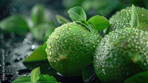 Close-up of two limes with water droplets, perfect for food and beverage concepts