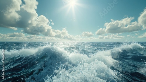 Ocean Waves Under Sunlit Sky, dynamic ocean scene where massive waves crest and foam under the brilliance of a sunny sky, embodying the power of nature