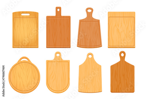 Cartoon wooden chopping boards or kitchen cutting plates of wood, vector set. Food chopping boards, circle for pizza, round and square chopping plates for table or cooking with holes in handles