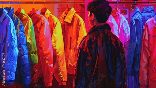 Man Contemplating Colorful Jackets in Store, person looking at different jackets on a retail rack