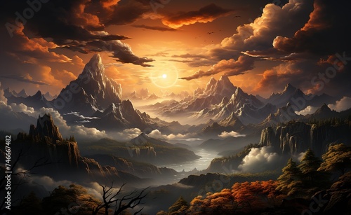 a sun rising over the clouds in the afternoon  in the style of meticulously crafted scenes  mountainous vistas