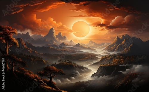 a sun rising over the clouds in the afternoon, in the style of meticulously crafted scenes, mountainous vistas photo