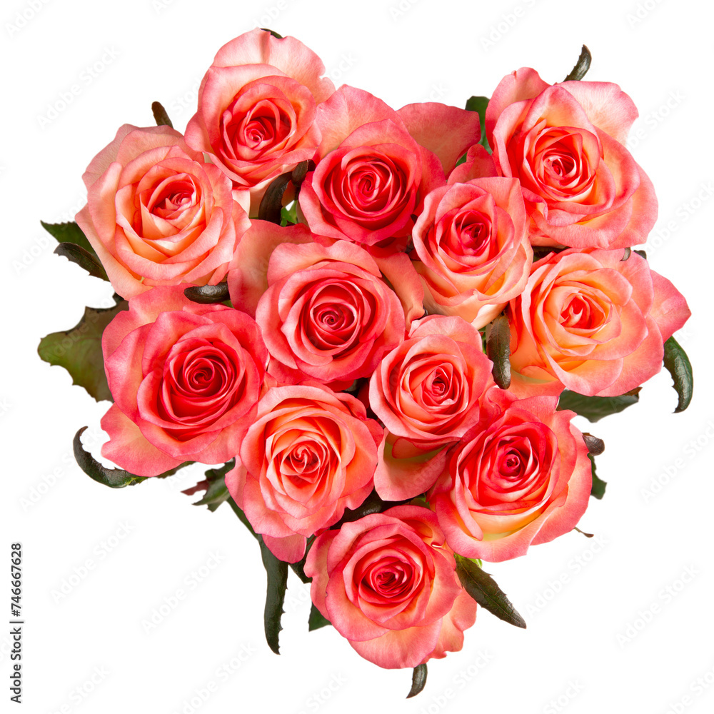 Obraz premium Bouquet of pink roses in shape of heart. Beautiful flowers isolated on white background. Close-up. Top view.