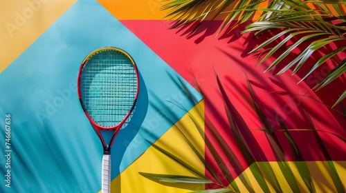 a tennis racket lies diagonally on a multi-colored background. The background is made up of bright blocks of color, including yellow and blue with the shadow of palm leaves