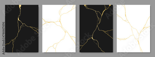 Golden Kintsugi cracks on marble texture pattern, vector background for tile. Broken marble effect with gold foil lines of crackle on stone, Kintsugi or Kintsukuroi ceramic art with golden cracks