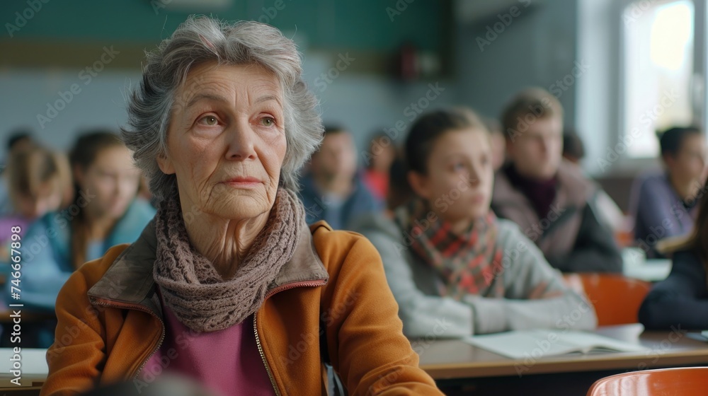 A woman sitting at a desk in a classroom. Suitable for educational and academic concepts A woman sitting at a desk in a classroom. Suitable for educational and academic concepts