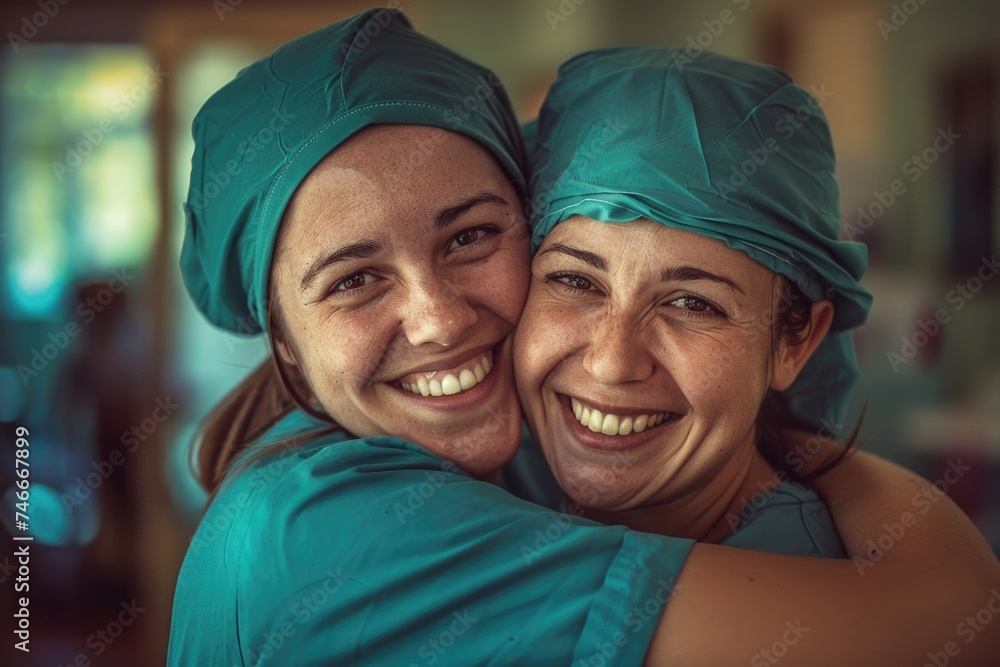 Two women in scrub hats embracing. Suitable for medical and healthcare concepts Two women in scrub hats embracing. Suitable for medical and healthcare concepts