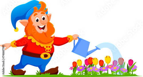 Cartoon gnome or dwarf gardener character  adorned in vibrant attire and a pointy hat  cheerfully tends to blooming flowers. Isolated vector personage carefully watering blooms with a contented smile