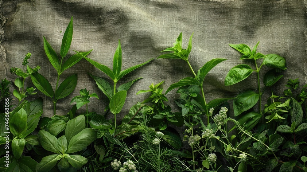Various green culinary herbs spread on a rustic burlap canvas, showcasing textures and shades of nature. - obrazy, fototapety, plakaty 