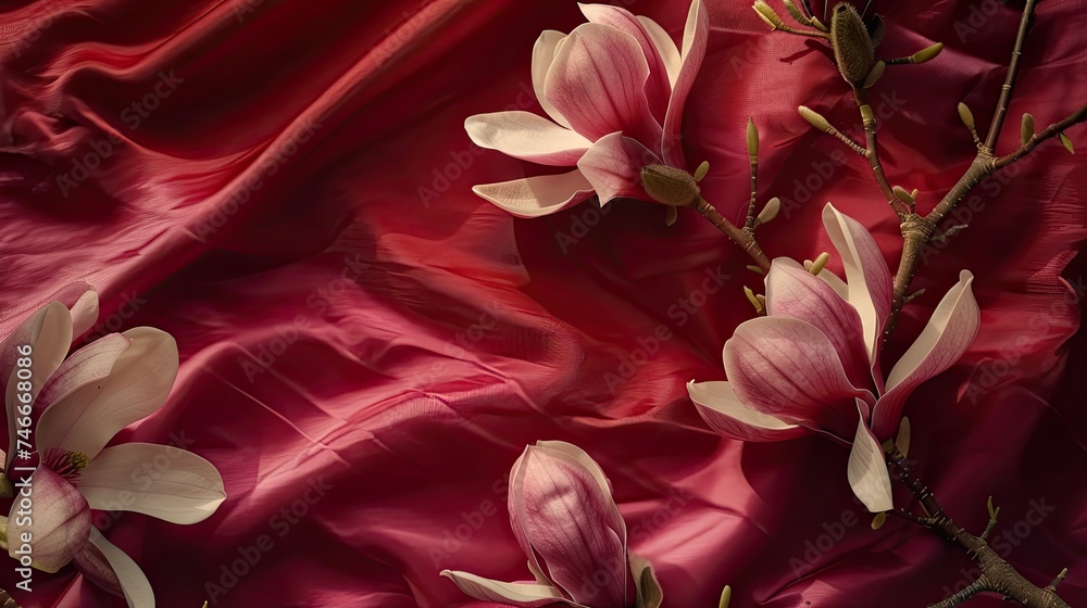Obraz premium Blooming against a rich red velvet backdrop, elegant magnolia flowers exude luxury and romance, offering a tactile visual experience that captivates the senses.