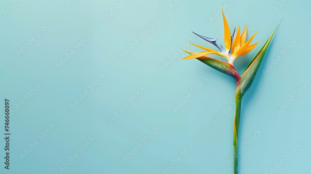 Vivid Bird of Paradise flower isolated on a smooth pastel blue backdrop, highlighting simplicity and elegance. - obrazy, fototapety, plakaty 