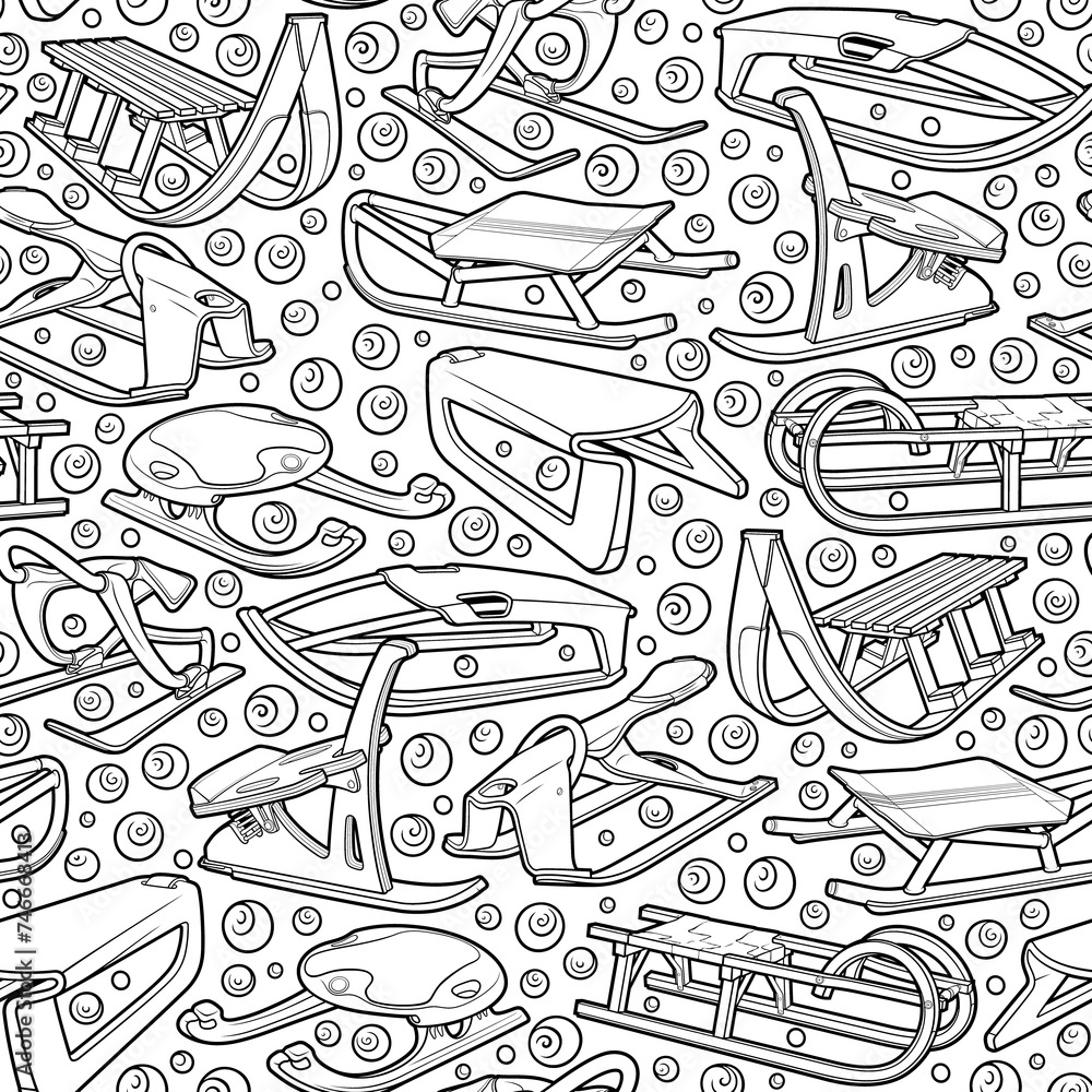 Cartoon cute sledges doodle children's entertainment seamless pattern. Funny outdoor games artwork.Winter line art amusement vector background. Hand-drawn, not AI