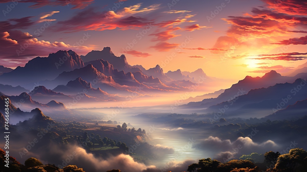 a sunrise over mountains with clouds and clouds surrounding it, in the ...