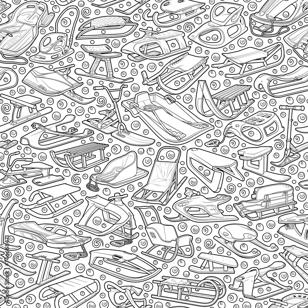 Cartoon cute sledges doodle children's entertainment seamless pattern. Funny outdoor games artwork.Winter amusement vector background. Hand-drawn, not AI