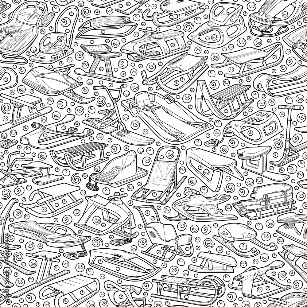 Cartoon cute sledges doodle children's entertainment seamless pattern. Funny outdoor games artwork.Winter amusement vector background. Hand-drawn, not AI