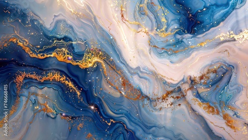 Liquid Marble Art: A captivating blue and gold swirl resembling a beautiful liquid marble painting. photo