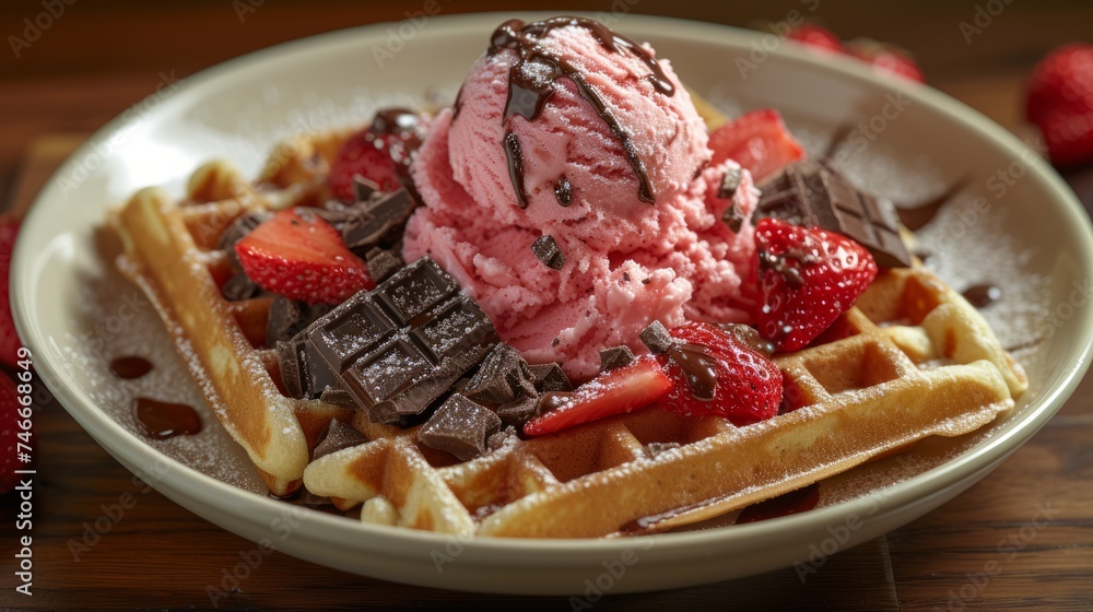 Belgian waffles with ice cream and strawberries on a white plate and on a wooden table