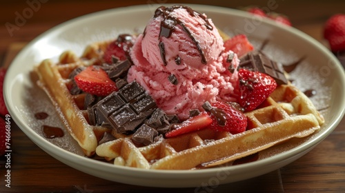 Belgian waffles with ice cream and strawberries on a white plate and on a wooden table