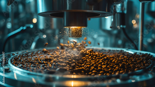 Natural roasted coffee beans mixing in mixer of industrial roasting machine on factory photo