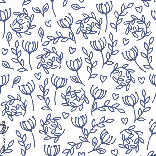 Blue linear flowers with leaves on a white background in spring seamless pattern