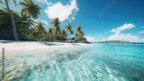 Beautiful sandy beach with palm trees and clear water. Perfect for travel websites and vacation brochures