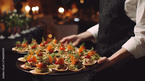 A waiter holding a tray of delicious appetizers, perfect for catering events