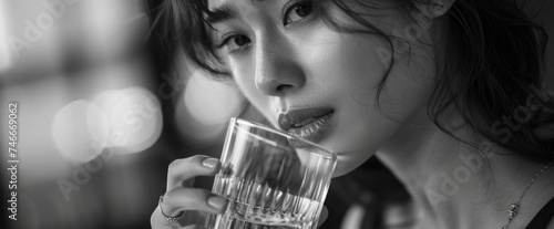 A woman drinking a glass of water. Ideal for health and hydration concepts