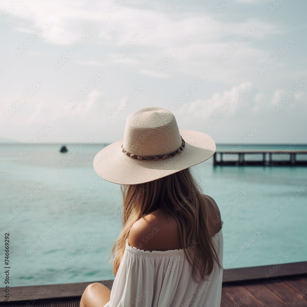 Woman in a hat admires the beautiful seascape