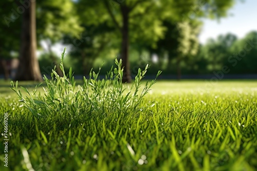 Close up of grass field with trees in the background. Suitable for nature and landscape themes