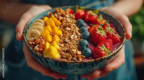 Healthy breakfast bowl with fresh fruits and berries in woman's hands