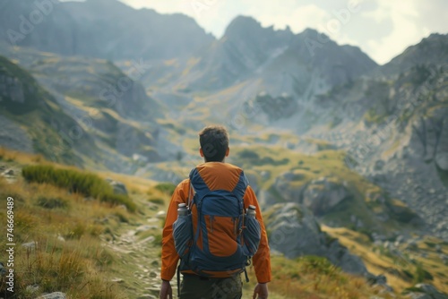A man with a backpack walking up a hill. Suitable for outdoor and adventure concepts