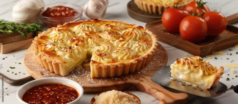 A wooden table is covered in various pies, each with a golden brown crust and delicious fillings, alongside a bowl of savory sauce. A wooden table is covered in various pies, each with a golden brown crust and delicious fillings, alongside a bowl of savory sauce.