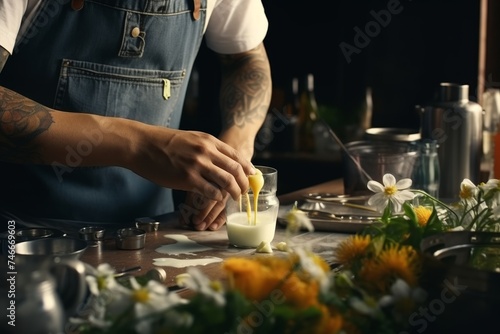 Modern food stylist presenting meal in restaurant, close-up of waiter serving food on plate