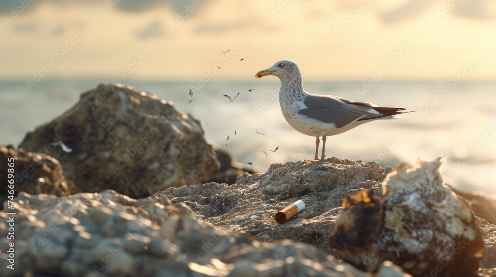 sea bird seagull, marlin stands on the ocean shore on a rocky surface, a cigarette butt is lying nearby, pollution sea bird seagull, marlin stands on the ocean shore on a rocky surface, a cigarette butt is lying nearby, pollution