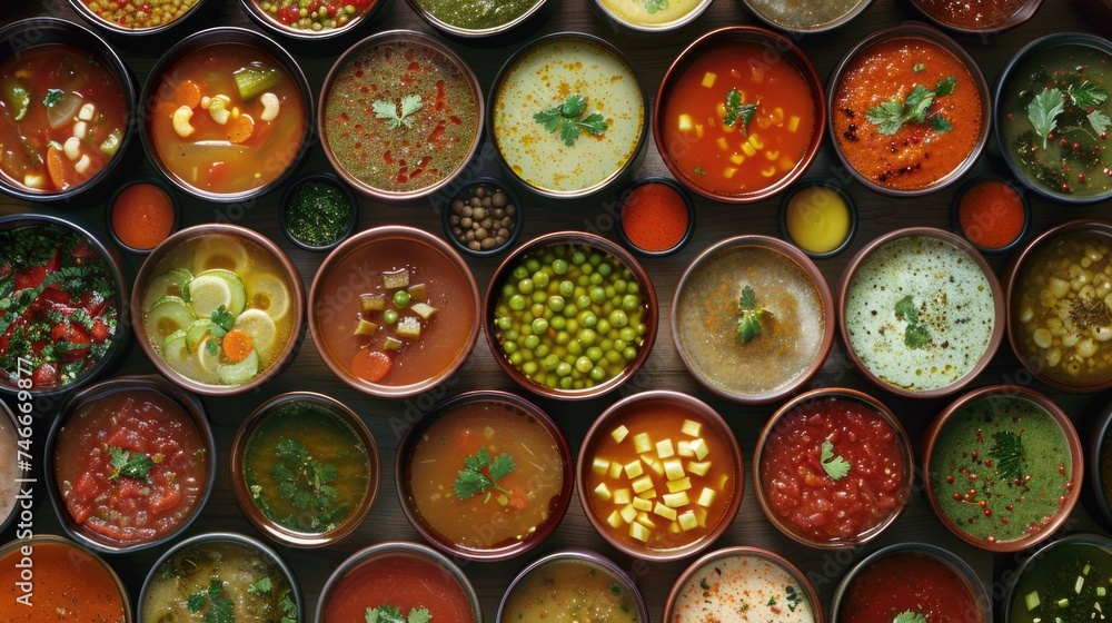 A table with a selection of delicious soups, perfect for menu designs