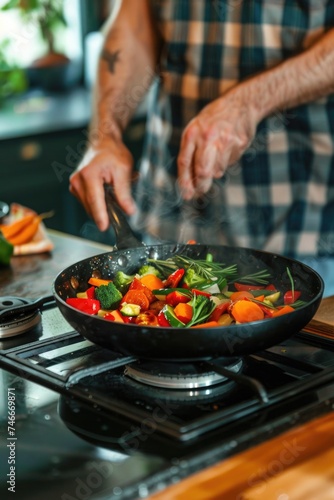 A person cooking vegetables in a pan on a stove. Suitable for food and cooking concepts