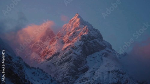 A stunning view of a snow covered mountain with a pink sky in the background. Perfect for travel and nature themed designs