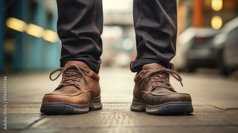 Close up of shoes on a sidewalk, suitable for urban themes Close up of shoes on a sidewalk, suitable for urban themes